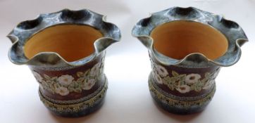 A pair of large Royal Doulton Stoneware Jardinières, frilled rims and decorated with central band of