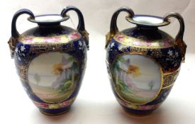 A pair of Noritake Two-Handled Baluster Vases, the bodies each painted in colours with panels of