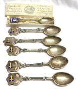 A Mixed Lot: five heavy gauge Teaspoons with enamelled tops, marked Y & BSC; together with a further