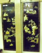 A pair of 20th Century Oriental Shibayama type Panels depicting figures on pagodas etc, 36” high,