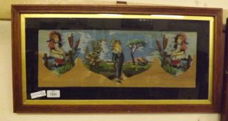 A framed Embroidery Picture, whimsical scene with young boy and two young girls in rural setting, in