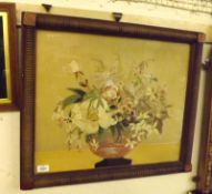 A 19th Century Framed Fabric Work Picture, still life study of vase of flowers, in a carved ribbed