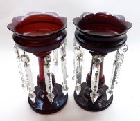 A pair of Victorian Ruby Glass Small Lustre Vases of typical form, with hanging prismatic clear