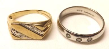 A hallmarked 9ct Gold Gents Wedding Ring, gypsy set with three small Brilliant Cut Diamonds,