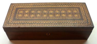 A Victorian Parquetry Inlaid Glove Box of rectangular form, the lid profusely inlaid with