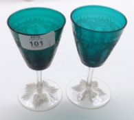 A set of six late 19th/early 20th Century Turquoise Bowled and Clear Stemmed Wines with etched