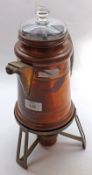 A Vintage Copper Percolator on spirit burner stand, with fitted wooden handle, raised on a brass
