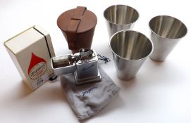 A Mixed Lot: a boxed Zippo Barcroft Lighter and a Travelling Set of three Stainless Steel Beakers