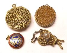 A Mixed Lot of two large Gilt Metal Lockets, one circular and one oval; a further Circular Enamelled