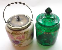 A Mixed Lot: a late 19th Century Round Green Glass Biscuit Barrel with lift-off lid, decorated