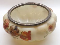 A Smith Bros Opaque Glass Shallow Bowl with enamelled floral decoration, 9” wide