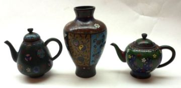 An Oriental Cloisonné Small Balustered Teapot and further Coffee Pot, each decorated in colours with