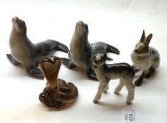 A mixed group of five assorted USSR/Lomonosov Animals, to include pair of Sea Lions, Cobra, Rabbit