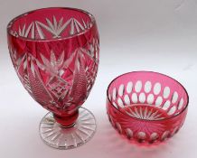 A large 20th Century Bohemian style Ruby and Clear Cut Glass Goblet-shaped Vase, 8” high; together