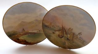 A pair of decorative Circular Plates, painted in colours with titled scenes of Portsmouth Harbour