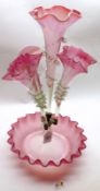 A Victorian Pink Vaseline Glass four-stemmed Epergne Vase of typical form, raised on a round frilled
