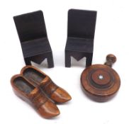 A Mixed Lot comprising: two Miniature Wooden Chairs; a pair of Miniature Clogs; a further Turned