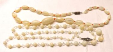 An Opalescent and Crystal Glass Bead Necklace; together with a Moonstone Bead Necklace (2)