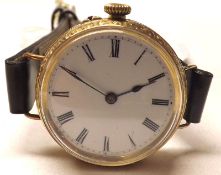 A Fob Watch/Wristwatch Conversion, comprising a Swiss 18K Open Face Keyless Watch with gilt and