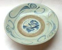 An Oriental Circular Bowl, decorated in underglaze blue with scrolls etc (hairline crack), 12”