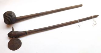 An unusual 19th Century African Knobkerrie and a further Iron Bladed Axe, largest piece 26” long (2)