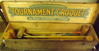 A Vintage Boxed Slazenger Tournament Croquet Set, comprising four mallets, hoops, balls, central