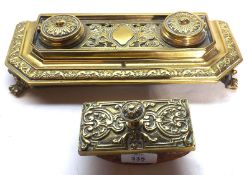 A Brass Inkstand and Blotter, embossed throughout with neo-classical designs