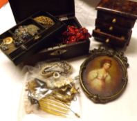 A Mixed Lot including: a Gilt Metal Framed Oil Miniature of a lady (modern); a Brown Leather Jewel