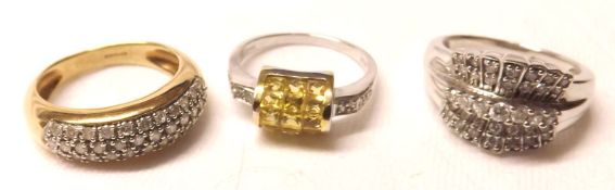 A hallmarked 9ct Gold Dress Ring, small Multi-Diamond set, in three bands; a similar 9ct White