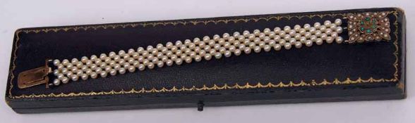 A mid-20th Century all Cultured Pearl set Flexible Bracelet with Pearl and Turquoise Mounted