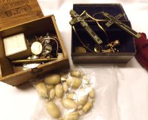 A Tin and a Box containing Beads, Brooches, two Crucifixes, Fob etc (2)