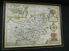 J SPEEDE: CAERMARDEN …, engrd hand col’d map [1611], English text verso, approx 15” x 20”, f/g