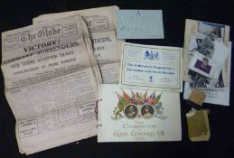 A Packet: assorted Ephemera including THE GLOBE, orig newspaper Special Victory Number Monday