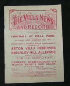 Aston Villa FC v Bristol City FC Official Soccer Programme Saturday 6th November 1909, orig ptd