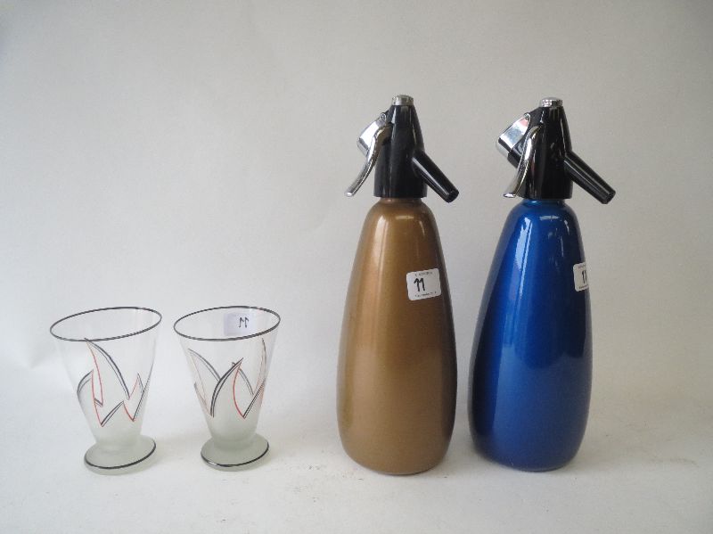 Two soda syphons and two art deco glasses