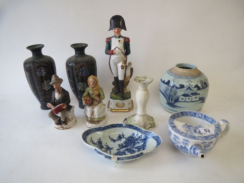 C19th blue and white invalid`s feeding bowl, blue and white ginger jar ( no lid), pair of