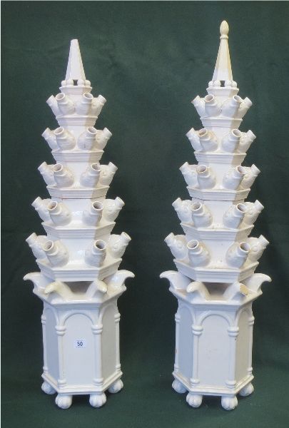 Dutch tin glazed two-piece pagoda tulip vases, a pair