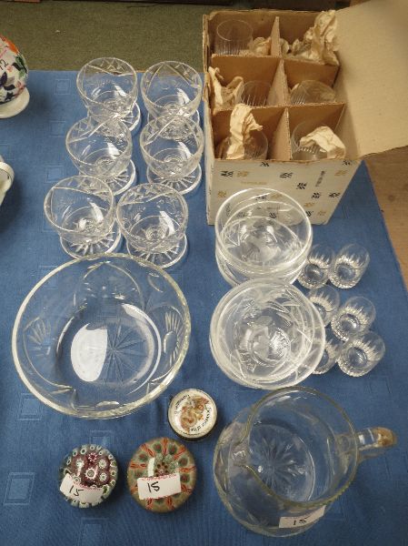 Quantity of glassware, cut glass jug, bowl, eight pudding bowls, six sundae glasses, two