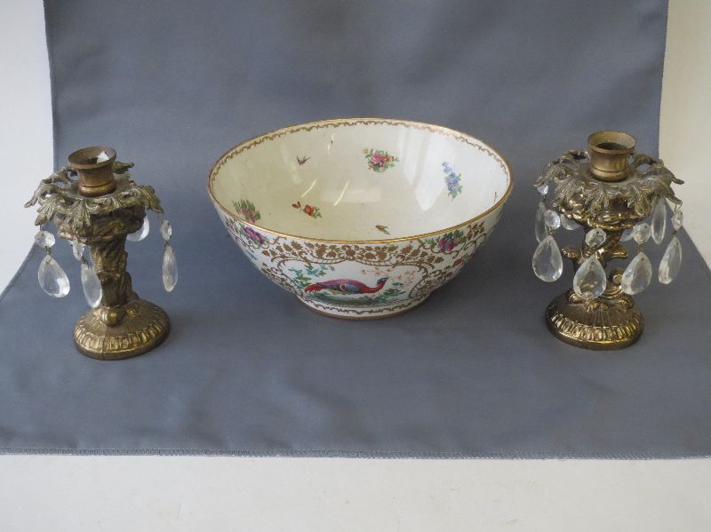 Booths Chelsea birds china bowl and pair gilded lustres