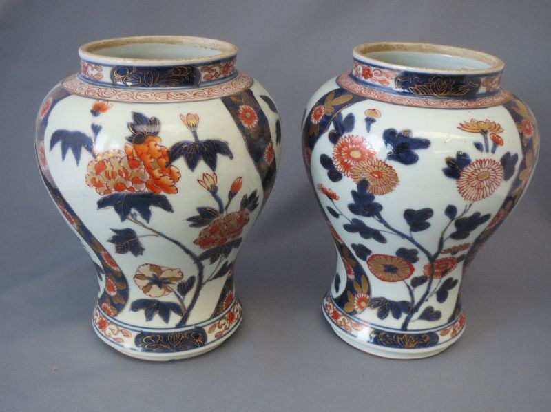 Pair C18 small Imari decorated baluster vases with floral and gilt decoration, 18cH