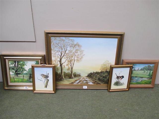 DENNIS Kendall , bare trees by a track, signed oil on board & four further oil paintings landscape &