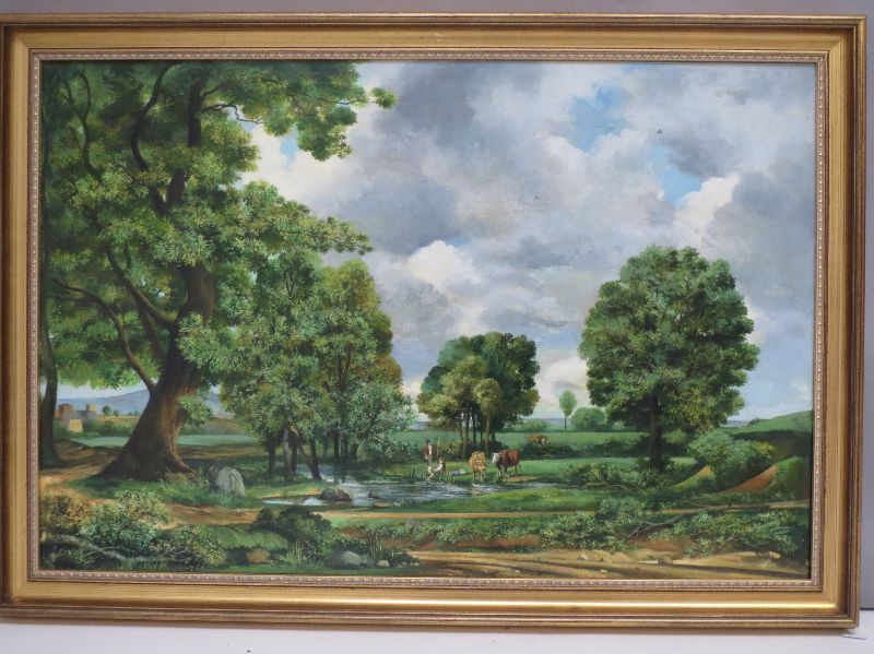 S.G.M (C20th English School) Arcadian landscape with figures & cattle by a river, oil on canvas