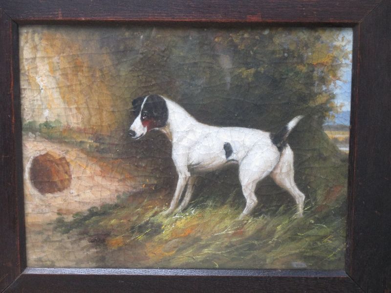 Oak framed oil painting of a Jack Russell terrier on the scent