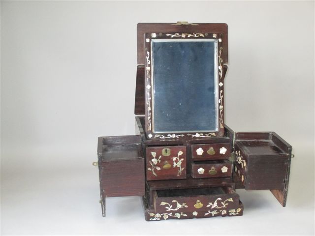 C19th Chinese padouk wood & mother of pearl inlaid travelling vanity box with brass mounts &