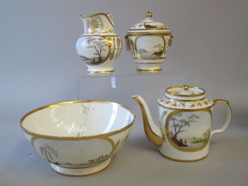 Good Paris tea set with white ground edged in gilt & painted with reverse panels of men fishing &