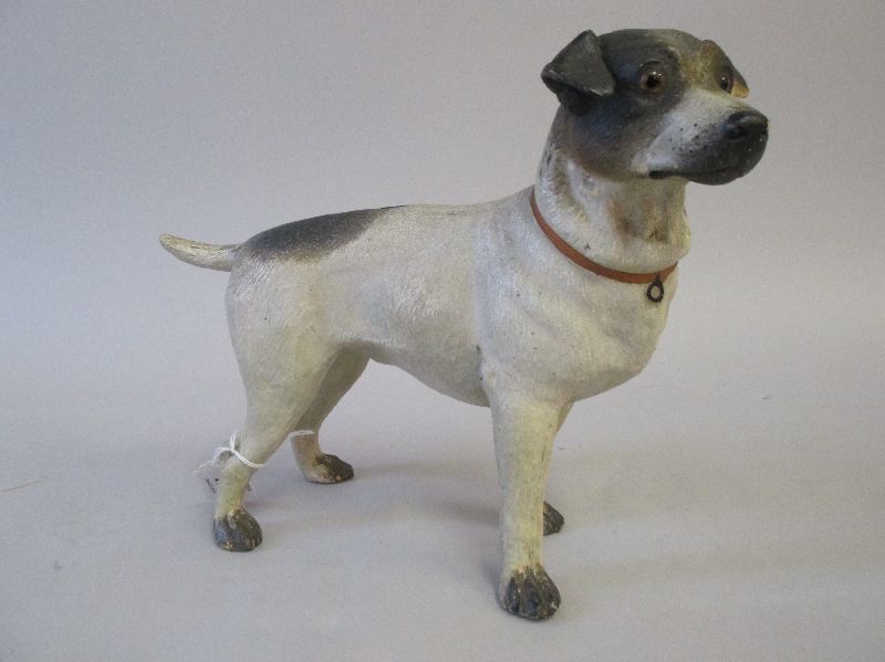 C19th painted terracotta model of a Jack Russell terrier, realistically modelled with glass eyes &