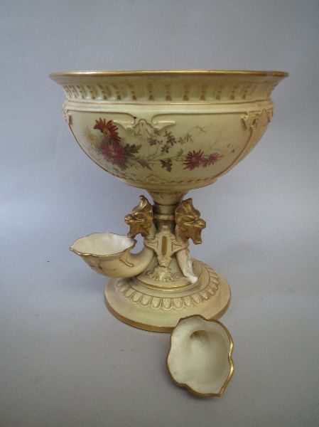 Royal Worcester blush & floral comport with gilded dragon masks & shells to base (a/f) 23H x 21 dia