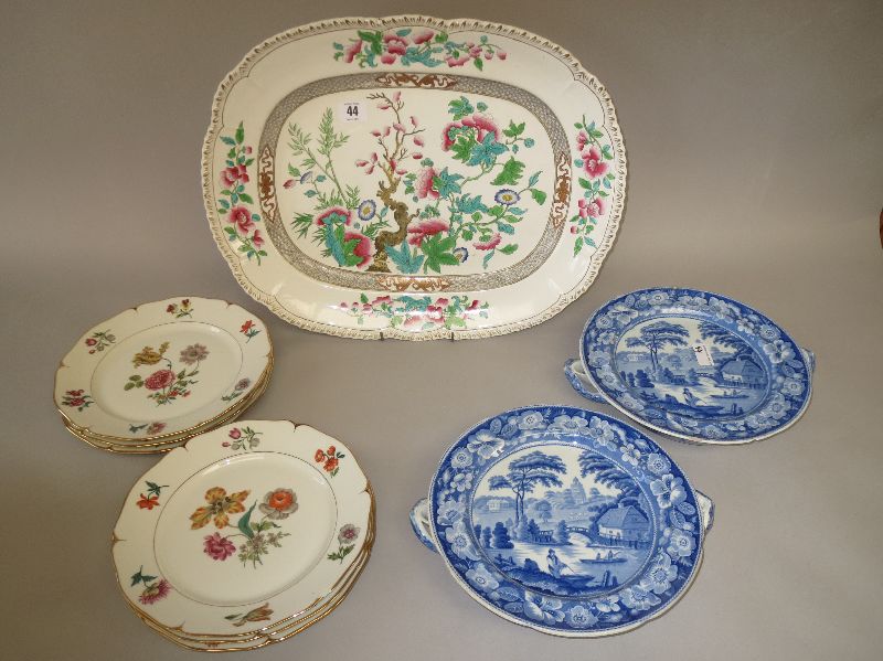 Victorian ironstone pottery platter enamelled with flowering plants together with Wedgwood blue &