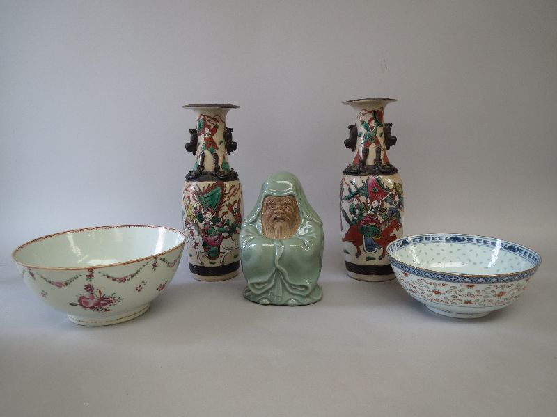 C18th Chinese famille rose porcelain punch bowl, Celadon figure together with blue & white bowl &