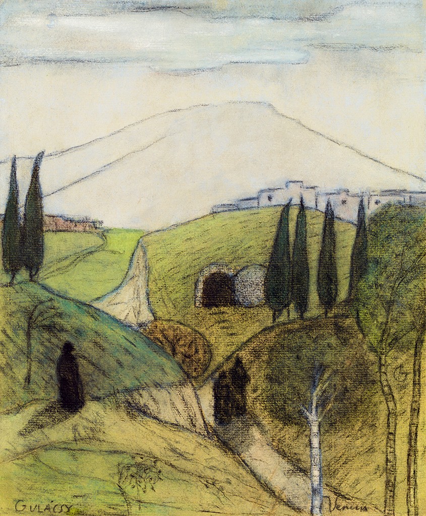Gulácsy Lajos 1882 1932 Italian Landscape with Figures, 1903 31x26 cm Mixed technique on paper